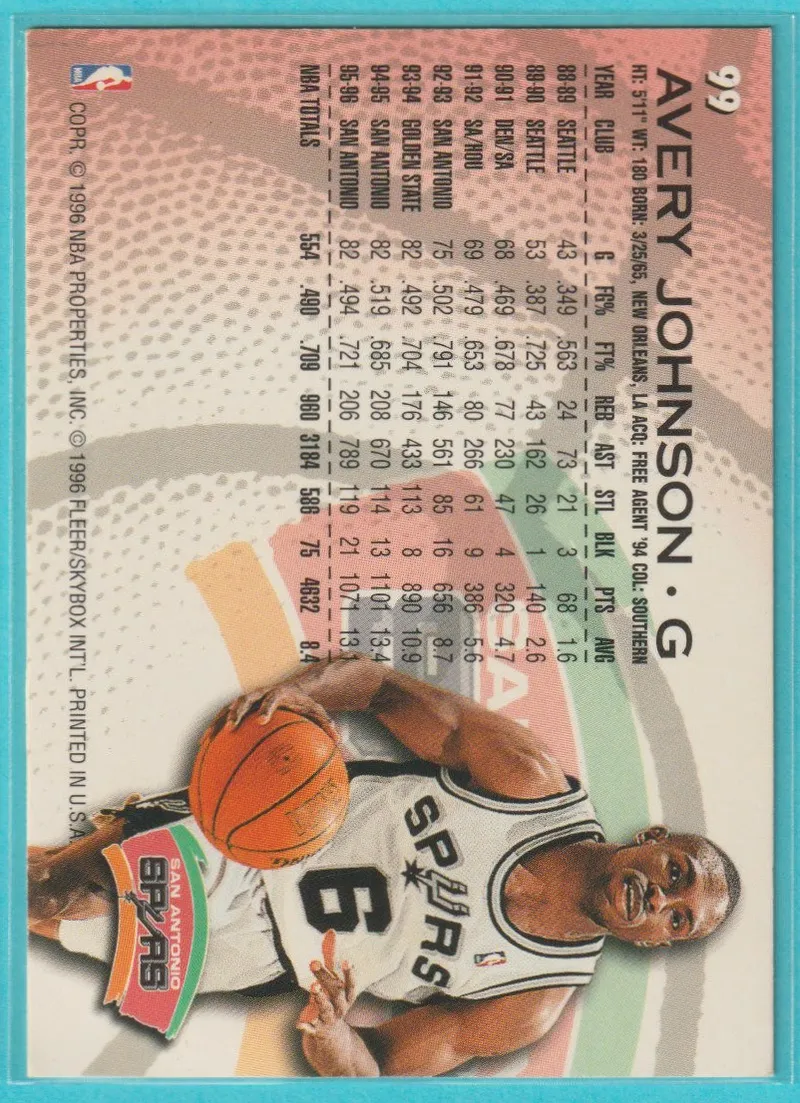 1996 Fleer Avery Johnson #99 back